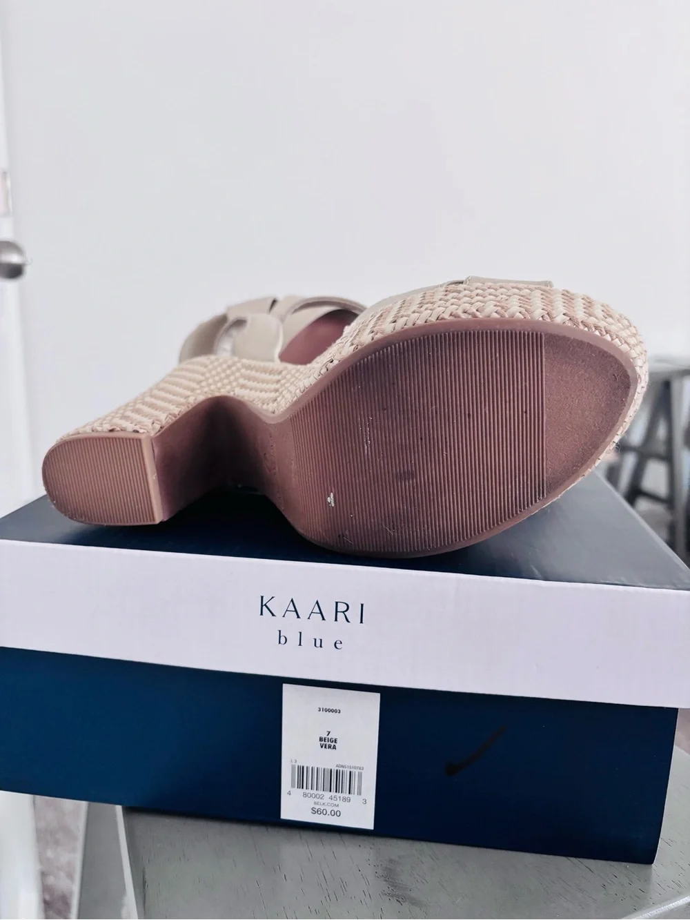 Kaari Blue Beige Woven Platform Sandals with Ankle Strap